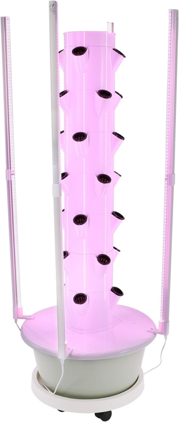 Hydroponics Growing Tower 20 W 28-Plant Vertical Garden Planter Indoor Smart Garden Kit 7-Tier Planter Germination Kit with Loop Timer &amp Wheels for Flowers Vegetables（White &amp Light Green）