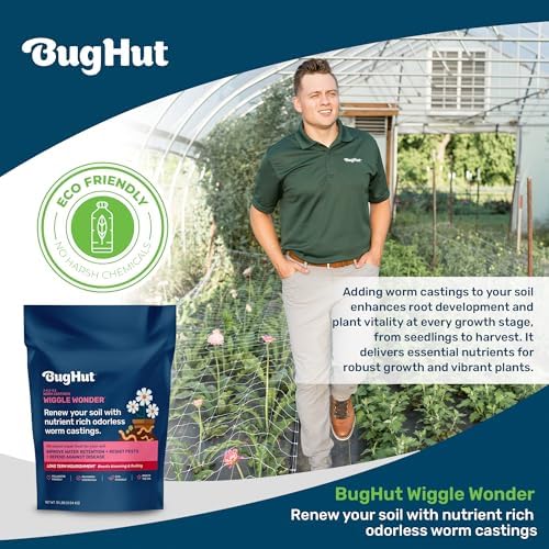 BugHut Wiggle Wonder Organic Worm Castings for Plants - Nourishing Plant Food Enhances Soil Structure Retains Moisture Ideal for Indoor and Outdoor Plants Vegetables Herbs Flowers - 10 lb Bag