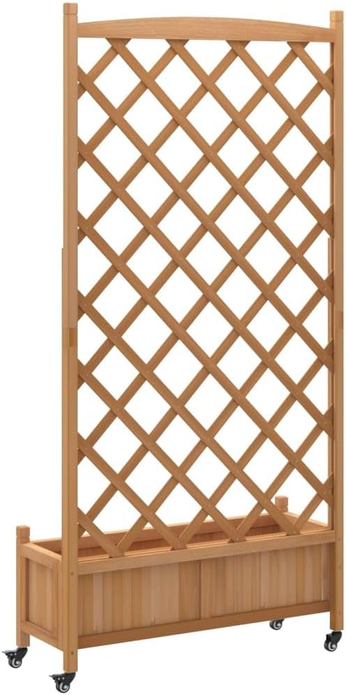Brown Wood Planter Box with Trellis for Climbing Plants Large Outdoor Flower Pots Gardening Vegetables &amp Herbs on Wheels for Patio Terrace (35.4x13.8x73.8)
