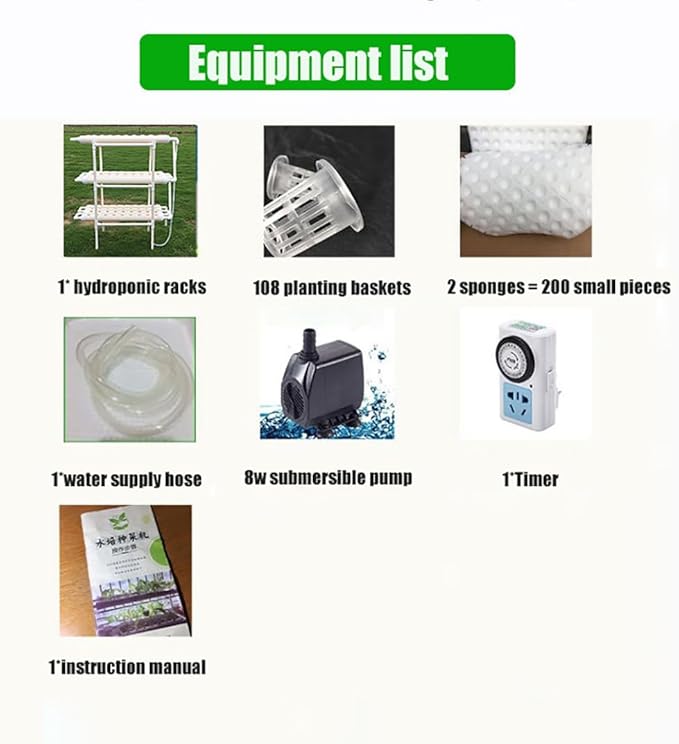 Hydroponics Growing System Kit 3 Layers 12 PVC-U Pipes Gardening System Grow Kit 108 Plant Sites with Water Pump Timer Nest Basket and Sponge for Leafy Vegetables