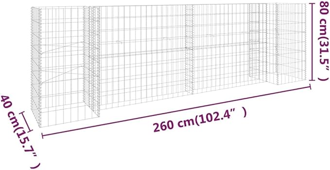 H-Shaped Gabion Planter Raised Garden Bed Industrial Design Silver Steel Wire Large Outdoor Planter 102.4 x 15.7 x 31.5 in for Patio and Garden Decor