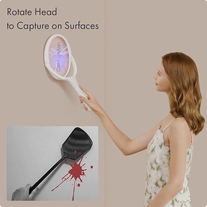 2-Pack GeckoMan Rotating Head Electric Fly Swatter Racket Rechargeable Bug Zapper Racket Bug Zapper Indoor Fly Zapper Mosquito Zapper Flies Killer for Indoors with 2 Telescopic Extensions
