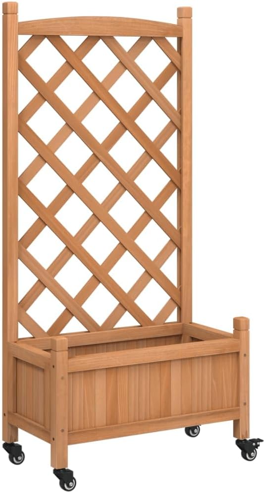 Rectangular Brown Solid Fir Wood Planter with Trellis Wheels 11.6x21.7x46.3 Inch Raised Garden Bed for Outdoor Plants Balcony Patio