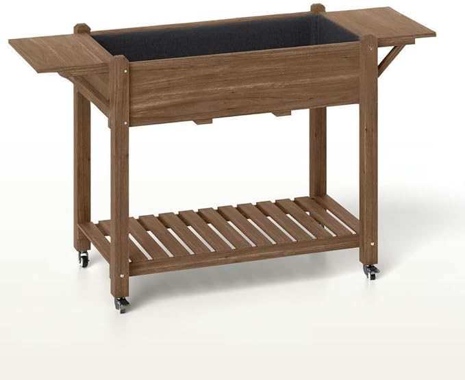 Sturdy Wooden Raised Garden Bed with Lockable Casters Built-in Side Shelves and Drainage System for Easy Urban Gardening (Black+Brown + Wood)