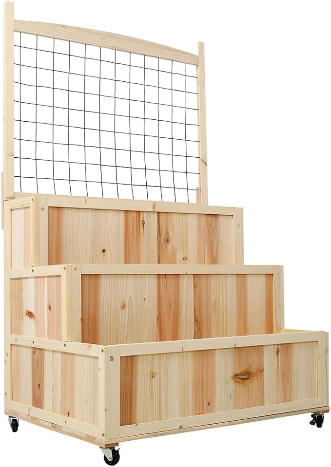 3-Tiers Raised Garden Bed Outdoor Wooden Planter Box with Wheels &amp Back Storage Area Elevated Wooden Planter Box for Flowers Vegetables Herbs Natural