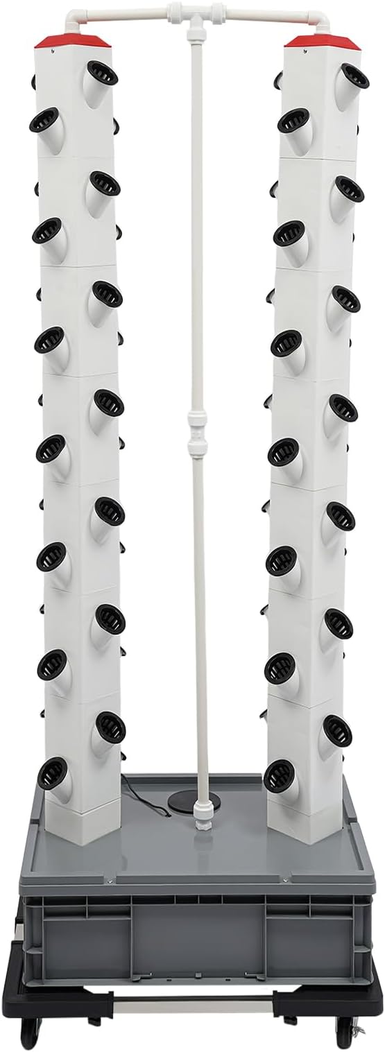 Hydroponics Growing System Kit Tower Indoor Garden Growing System 56 Plant Indoor Tower with Water Pump Flow Regulator &amp Wheels Vertical Hydroponic System for Gardening Lover -Grey+White