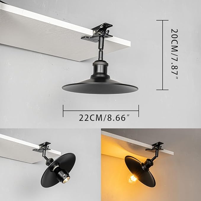 Clip-On Full Spectrum Lamp 5.9Ft Timer Switch Cord Adjustable Angle Black Base Black Shade Vintage Design Metal Clamp Light for Potted Plants Shelf Plants Billboards