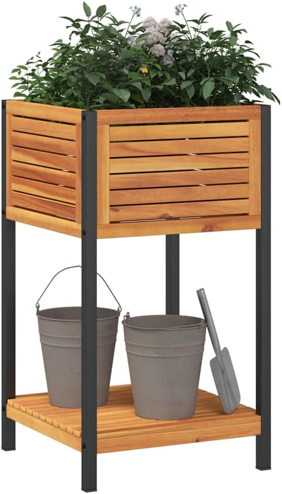 Garden Planter Brown Solid Acacia Wood Powder-Coated Steel 17.7x17.7x31.5 Inch Raised Garden Bed for Outdoor Plants