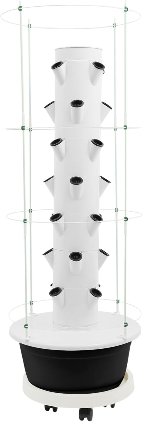 7-Tier Hydroponic Growing Tower 28-Plant Vertical Garden Kit with 7.92Gal Water Tank &amp Climbing Trellis Hydroponic Grow System Kit for Vegetable Strawberry Herb (White &amp Black)