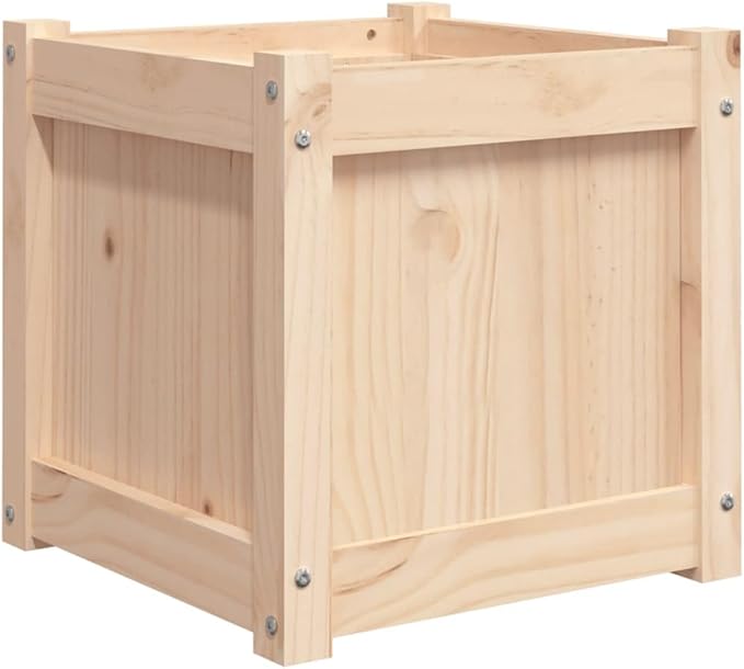 Garden Planter Set of 2 Natural Solid Pine Wood 15.7x15.7x15.7 inch Square Raised Garden Beds for Outdoor Plants Rustic Finish