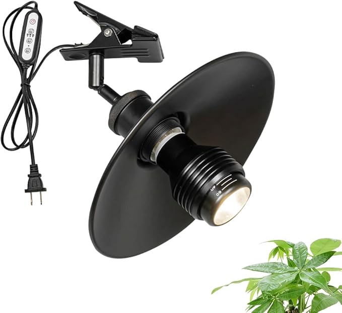 Clip-On Full Spectrum Lamp 5.9Ft Timer Switch Cord Adjustable Angle Black Base Black Shade Vintage Design Metal Clamp Light for Potted Plants Shelf Plants Billboards
