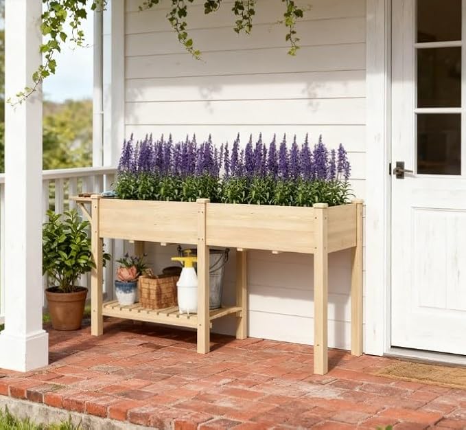 Elevated Garden BedWood Raised GBoxwith Side TableBottom ShelfBed Liners and Drainage Holes
