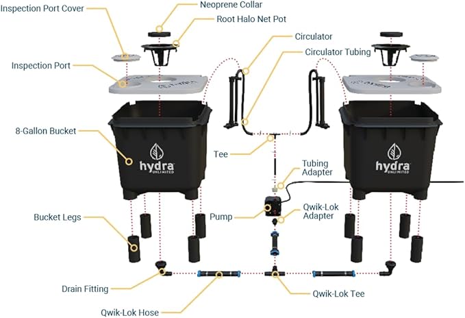 Hydramax Home Deep Water Culture Hydroponic System with Pump and air circulators for Indoor Growing of Vegetables Fruits and Medicinal Herbs (2-Bucket)