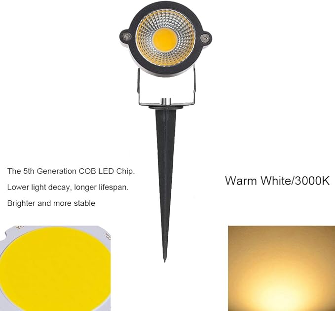 Youngine Pack of 2 Outdoor COB 5W LED Landscape Lights IP65 Waterproof COB Spotlights with Spiked Stand and US Plug for Outdoor Flag Yard Lawn Tree (Warm White)