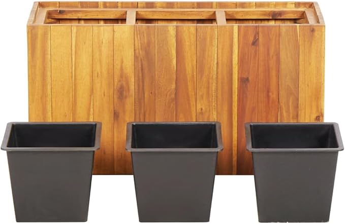Raised Garden Bed Brown Solid Acacia Wood Planter 26.2x26.2x13.8in Outdoor Indoor Use Easy Planting with 3 Pots