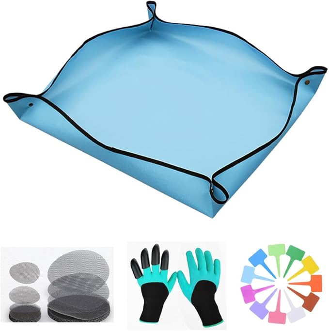 Garden Tool Set Large Waterproof Plant Potting Mat Claw Gardening Gloves Gardening Plant Transplanting Foldable Reportting Mat with Plant Labels for Indoor Plant Lover (Square)
