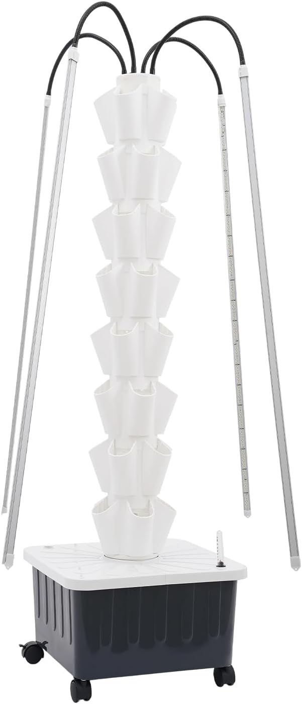 8-Tier 40-Hole Hydroponic Growing System with LED Grow Lights &amp Wheels 24-Hour Timer 5.28 Gal Capacity Vertical Planter Tower Indoor/Outdoor Hydroponics Kit for Herbs or Vegetables