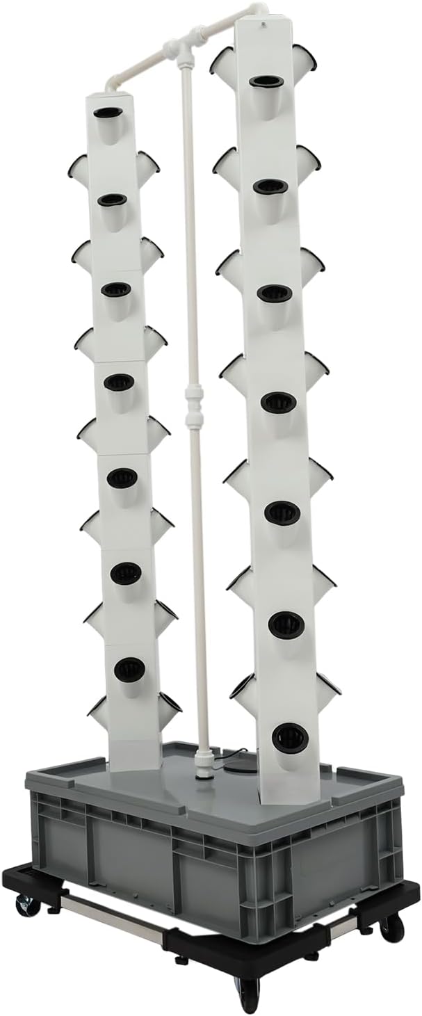 Hydroponics Growing System Kit Tower Indoor Garden Growing System 56 Plant Indoor Tower with Water Pump Flow Regulator &amp Wheels Vertical Hydroponic System for Gardening Lover -Grey+White