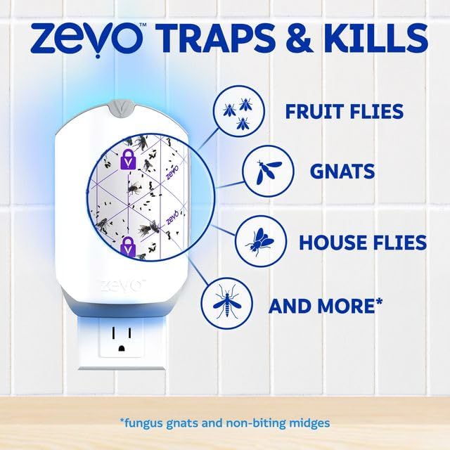 Zevo 2 Flying Insect Traps &amp 2 Refill Cartridges - Plug in Fly Trap &amp Indoor Bug Catcher for Gnats House &amp Fruit Flies - Blue &amp UV Light Technology Mess-Free Alternative to Bug Zappe