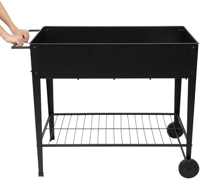 Outdoor Metal Planter Box Raised Garden Bed with Legs Outdoor Elevated Herb Planter Box Outdoor Mobile Overhead Planter Cart with Wheels for Vegetables Flowers Herbs Plants Patio (Black)