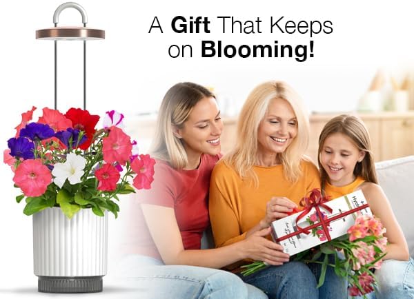 Mini Smart Planter Kit with Petunia Plant Pods by Click&ampGrow Hydrovase Indoor Garden Self-Watering Pot with Grow Light (White)