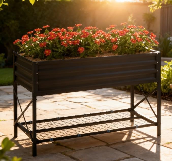 Metal Planter BoxGalvanized Raised Garden Bedwith LegsStorage Shelf and Bed Liner