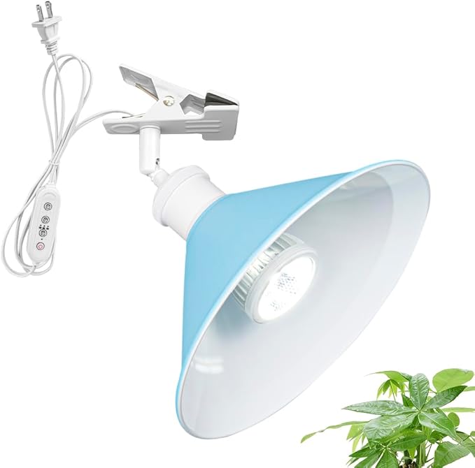 Clip Mount 5.9Ft Plug in Timing Cord Plant Light Full Spectrum White Light White Base Blue Metal Shade Adjusted Angle Simple Clamp Light for Indoor Plants