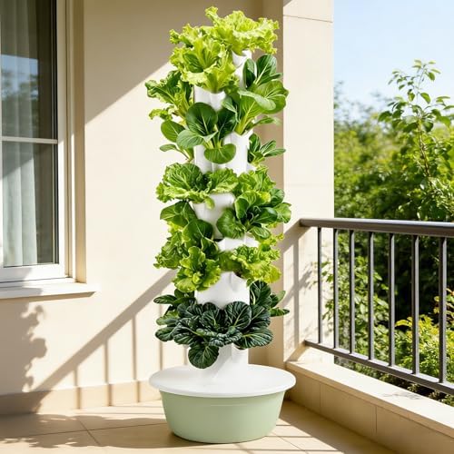 Hydroponic Growing System Kit - 7-Layer Hydroponic Tower with Automatic Water Cultivation Indoor/Outdoor Vegetable &amp Fruit Planter 4 LED Grow Lights &amp Timer