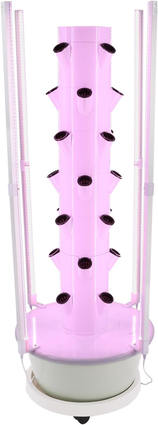 28-Plant Hydroponic Growing Tower – Indoor Vertical Garden Kit with LED Grow Lights 7.92 Gal Water Tank 6-Preset Timer &amp Wheels (20.86 x 53.54 in) for Herbs/Veggies/Flowers (Light Green Tank)
