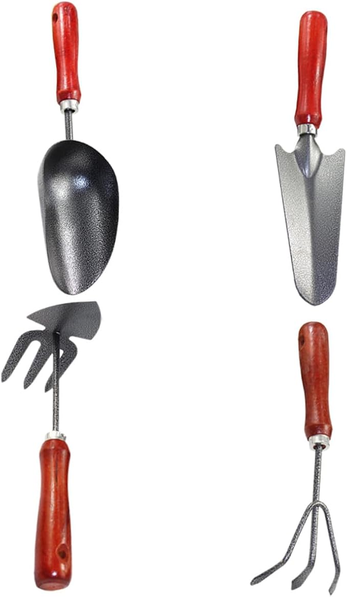 Garden Tool Set 4pcs Mini Hand Trowel and Narrow Spade with 3-Prong Rake Dual-use Hoe and Soil Scoop for Flower Planting and Vegetable Gardening