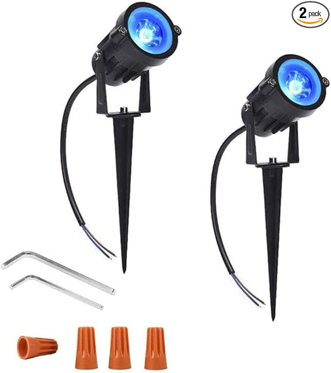 Youngine Pack of 2 12V Low Voltage LED Landscape Lights Waterproof Outdoor Walls Trees Flags Spotlights 5W COB Garden Yard Path Lawn Light with Spike Stand (Blue)NO Plug