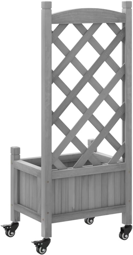 Grey Solid Fir Wood Planter with Trellis 11.8x15.7x38.4 in Rectangular Raised Garden Bed on Wheels Outdoor Indoor Planter Box for Climbing Plants
