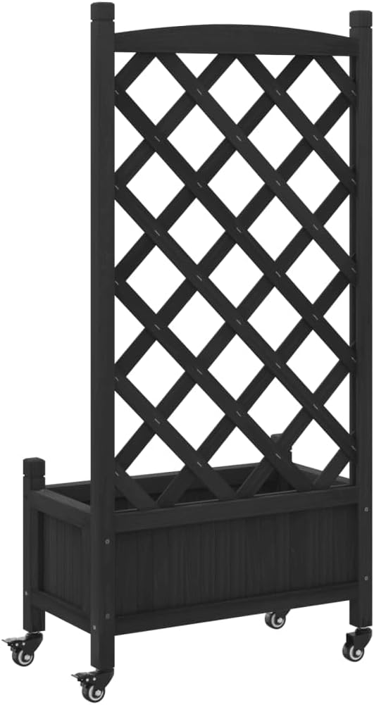 Black Rectangular Raised Planter Box on Wheels with Trellis for Climbing Plants 11.6 x 21.7 x 46.3 in Solid Fir Wood Elevated Garden Bed Outdoor Patio Balcony