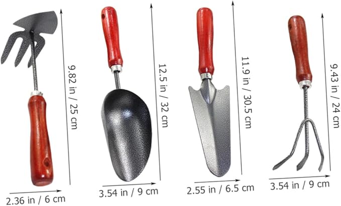 4pcs Gardening Tool Set with Small Garden Shovel Soil Scoop Hand Trowel and Three-Prong Rake Mini Iron Tools for Planting Weeding and Soil Digging in Garden and Flower Pots