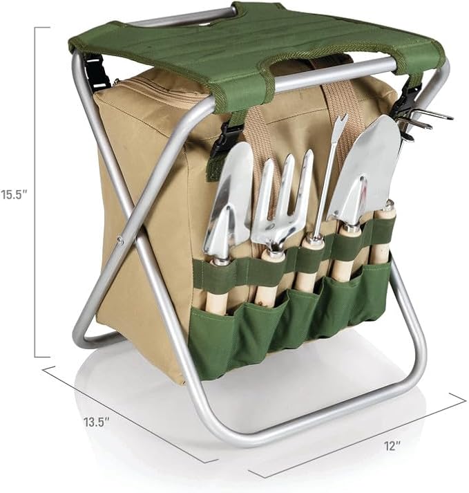 PICNIC TIME Disney Mickey Mouse Gardener Folding Seat with Tools Folding Garden Stool with Detachable Tote and Hand Tool Set Organizer Portable Gardening Chair (Olive Green with Beige Accents)