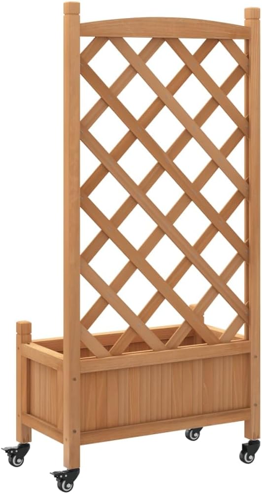 Rectangular Brown Solid Fir Wood Planter with Trellis Wheels 11.6x21.7x46.3 Inch Raised Garden Bed for Outdoor Plants Balcony Patio