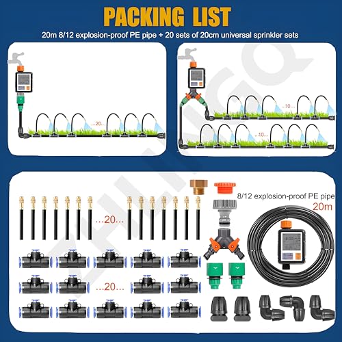 Automatic Drip Irrigation Kits - 20-50m Garden Watering System with Smart Timer &amp 360° Adjustable Atomizing Mist Nozzles - Efficient Plant Watering Solution 20m/65.6ft