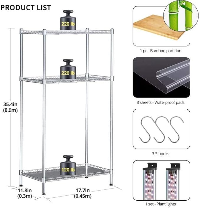 Plant Stand with Grow Lights for Indoor Plants - 3-Tier Plant Shelf with Plant Light Full Spectrum 17.7 W x11.8 D x35.8 H Wire Shelving Unit Storage Shelves for Pantry Closet Garage Kitchen