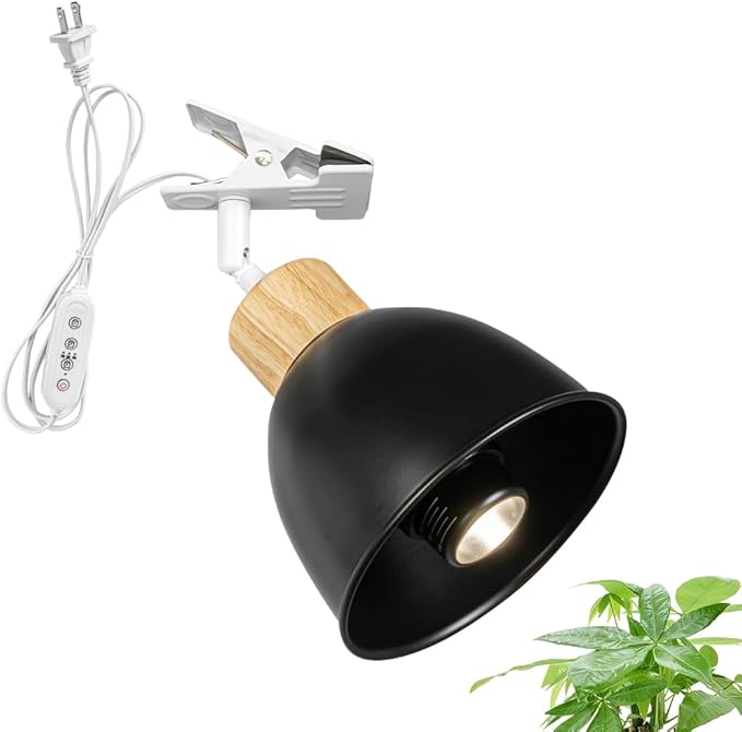 Clip Mount Adjusted Angle 5.9Ft Plug in Timing Cord Plant Light Full Spectrum 4500K 10W Black Metal Wood Base Vintage Clamp Light for Indoor Growing Plants Flowers