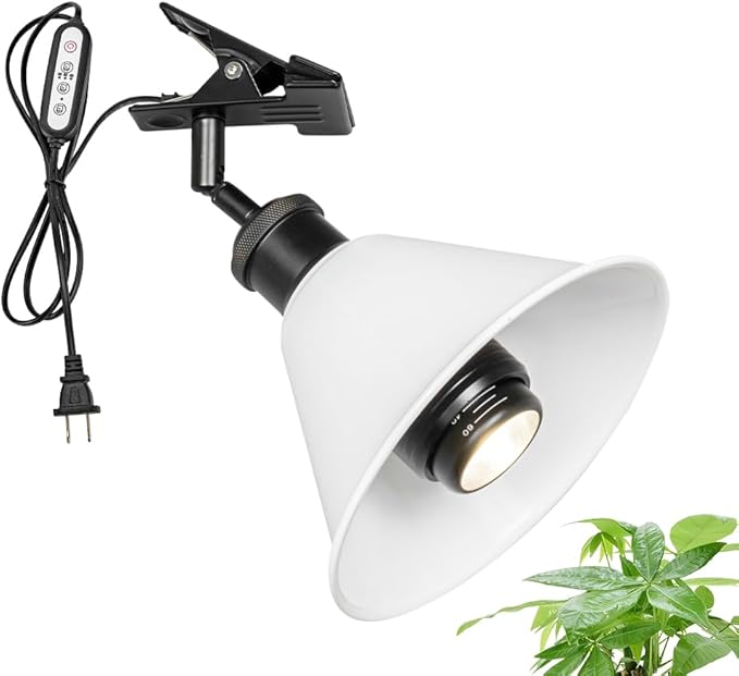 Clip-On Full Spectrum Lamp 5.9Ft Timer Switch Cord Adjustable Angle Black Base White Shade Vintage Design Clamp Light for Potted Plants Shelf Plants