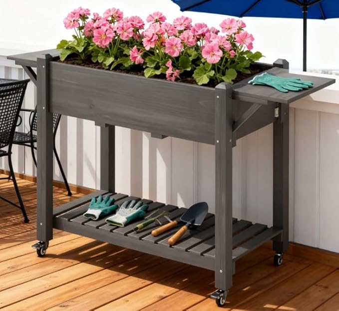 Elevated Garden BedWood Raised Planter Boxwith Lockable WheelsSide TablesBottom ShelfDrain Holes