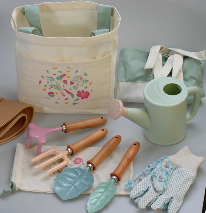 9PCS Gardening Set Toys for Kids Quality Garden Tool Kit Includes Tote Bag Gloves Shovel Rake Cultivator Watering Can Learning Outdoor Gifts for Suitable for Cultivating Interest