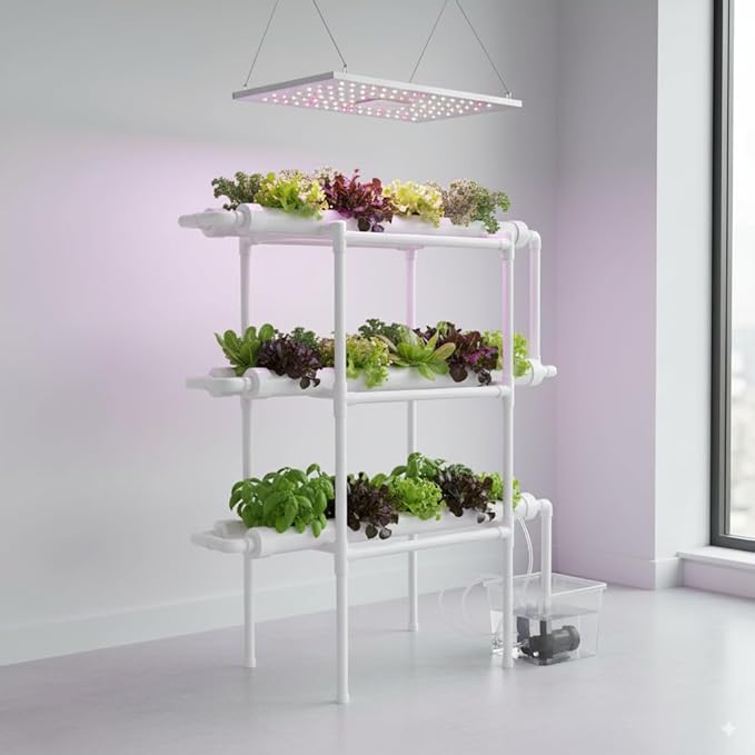 Hydroponic Grow Kit 3 Layer 108 Plant Sites 12 Food-Grade PVC-U Pipes Hydroponics Planting System with Water Pump Pump Timer Nest Basket and Sponge for Leafy Vegetables
