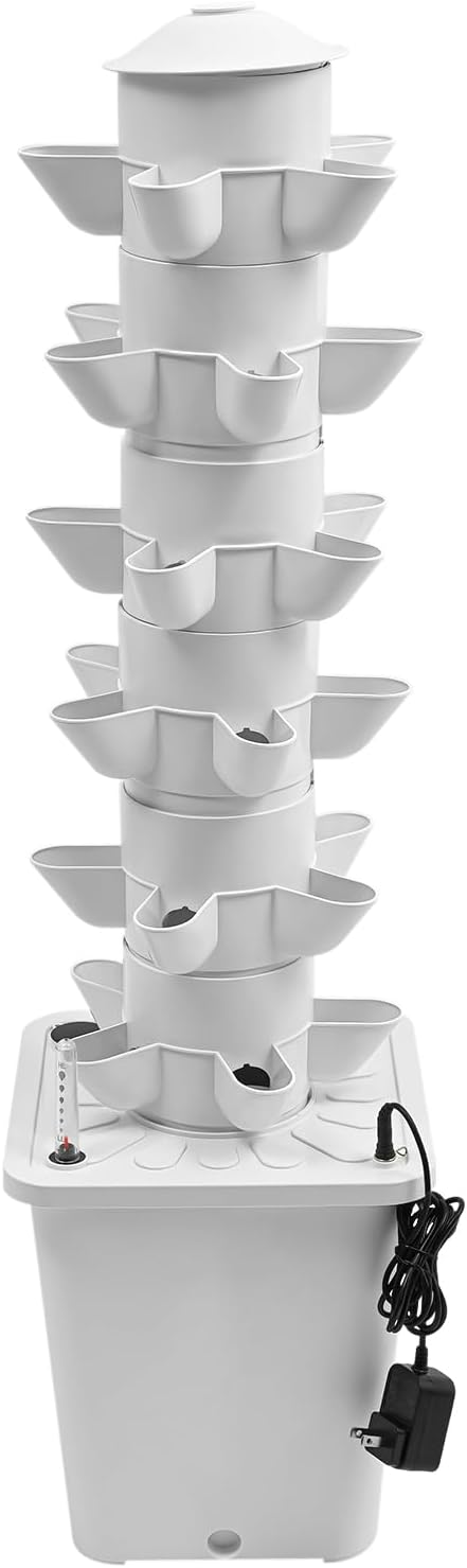 Hydroponic Growing System 6-Tier 30 Site Vertical Tower with Water Pump White Indoor Garden Kit 2.6 Gallon Reservoir Space Saving Planter for Fruits and Vegetables