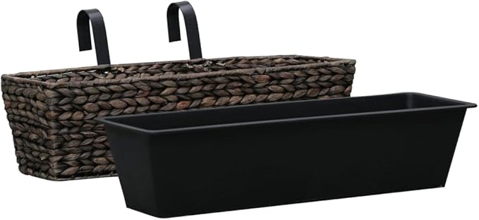 Garden Planter Set of 2 Brown Water Hyacinth Woven Steel Frame 23.6 Inch Rectangular Outdoor Planters for Deck Balcony Patio