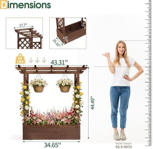 VINGLI Raised Garden Bed with Trellis &amp Hanging Roof Wooden Garden Bed Outdoor Planter Box for Yard Garden Balcony (Carbonized Wood Color Medium)