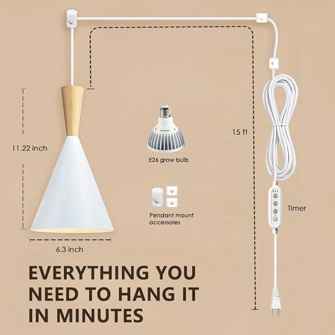 Hanging Grow Lights for Indoor Plants Full Spectrum with Timer and 15FT Power Cord 20W Pendant Plant Lights for Indoor Growing Large Tall Plant Garden Flowers Greenhouse(White)