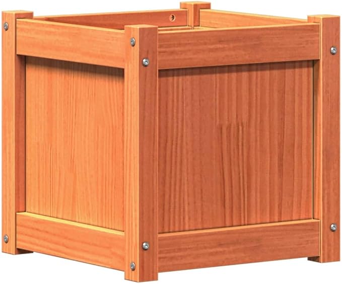 Garden Planter Set of 2 Wax Brown Solid Pine Wood 15.7x15.7x15.7 in. Square Outdoor Raised Beds for Gardening Durable Planters for Outdoor Plants