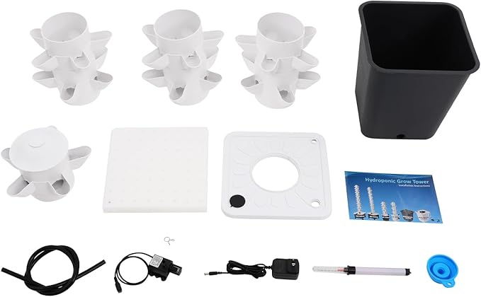 7-Tier Hydroponic Growing Tower 35 Plant Sites Vertical Garden System with Brushless Water Pump 2.64gal Water Tank Indoor Soilless Planting Kit for Herbs Fruits Vegetables (White+Grey)