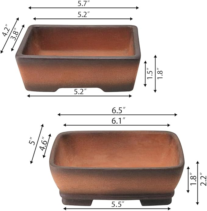 MUZHI 2 Pack Handmade Color Gradational Terracotta Bonsai Pot 5 Inch and 6 Inch with Drip Tray Breathable Unglazed Rectangle Ceramic Planter for Tree Succulent Cactus